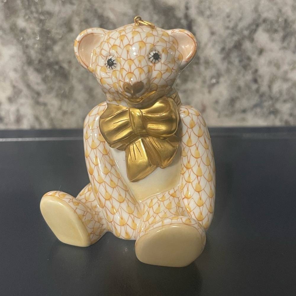 1st Edition Herend Porcelain Teddy Bear Figurine with Gold Bow